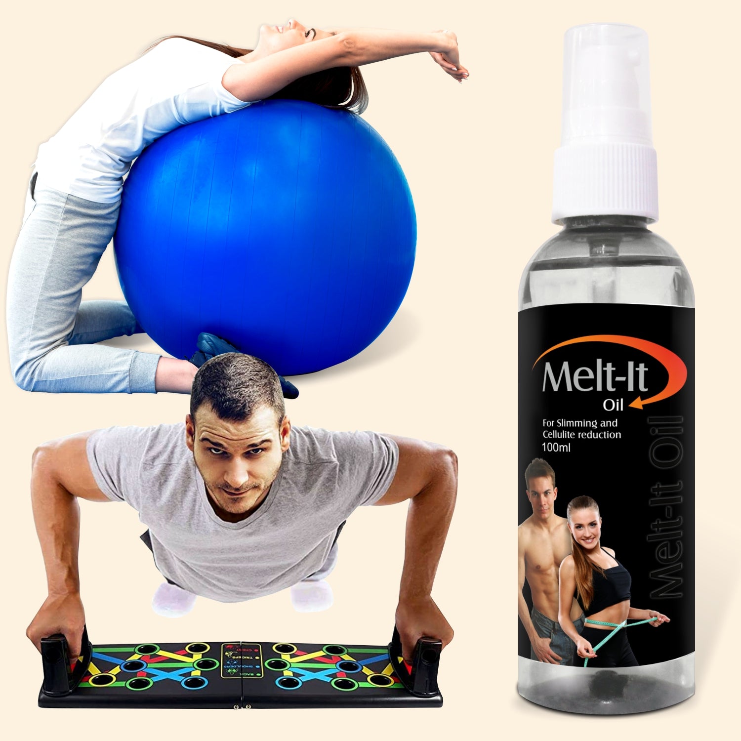 shoprythmindia Meltit Combo Melt-it Oil with Push-up board and Gym Ball